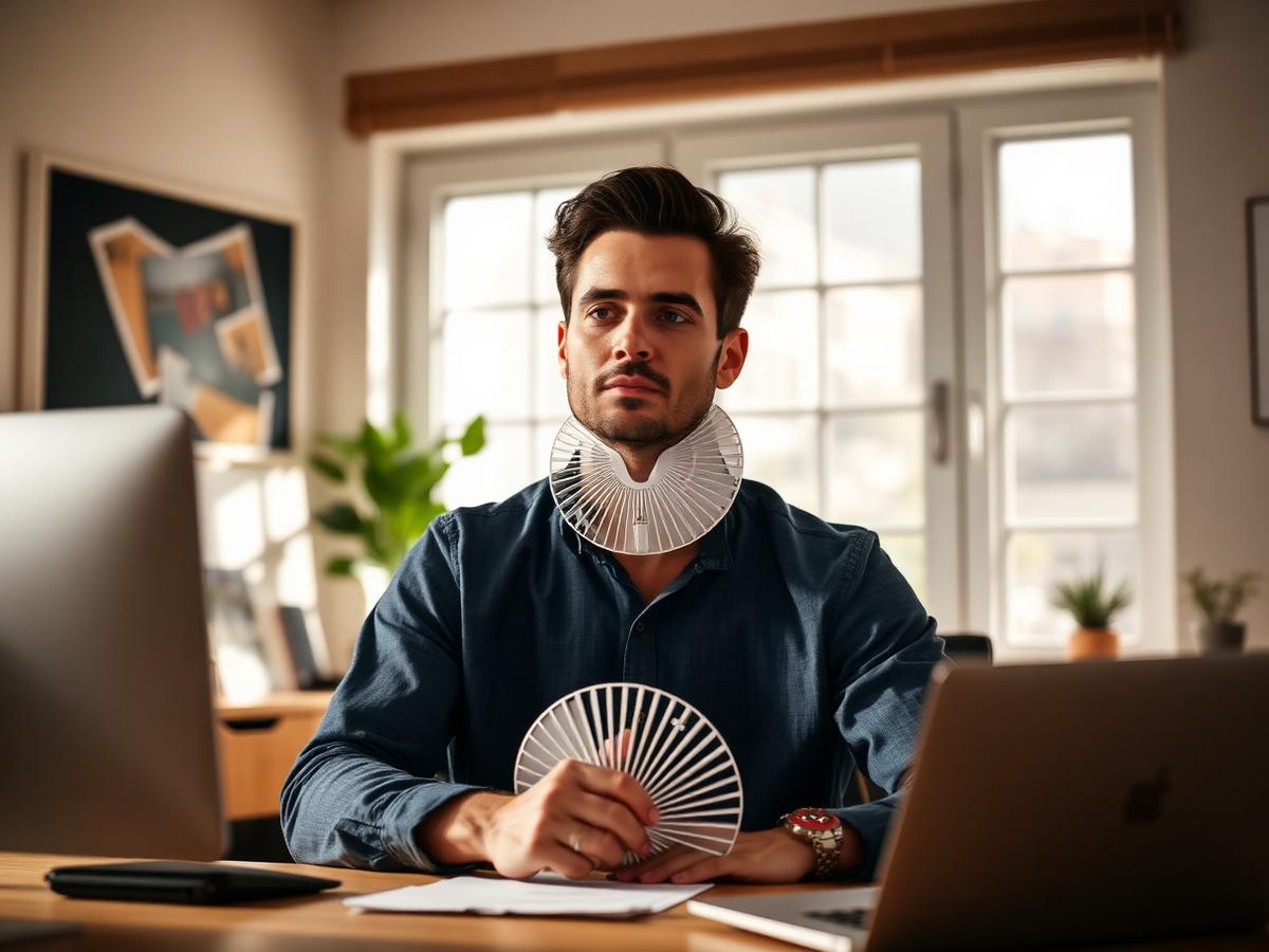 Person working at a desk while wearing the FluxoFan neck cooler